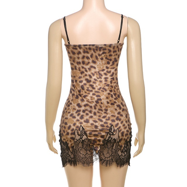 Leopard Print Slim-fit Lace Stitching Suspender Dress
