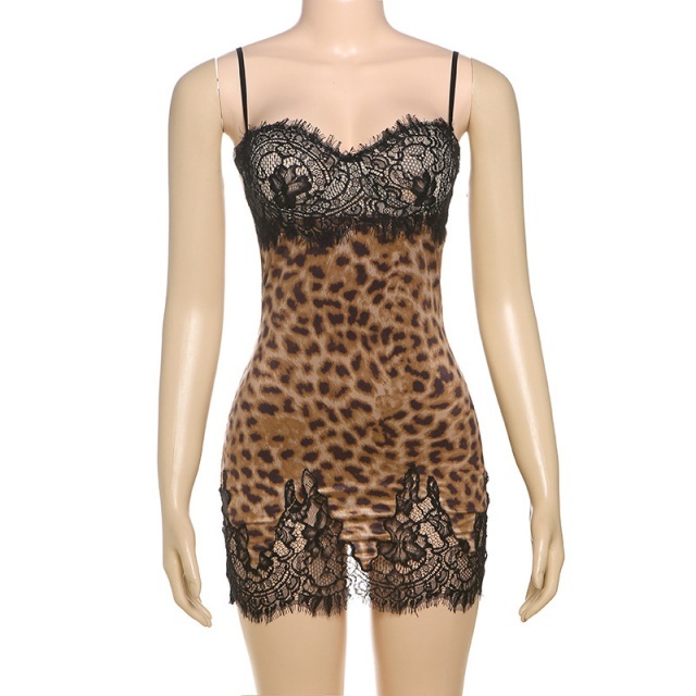 Leopard Print Slim-fit Lace Stitching Suspender Dress