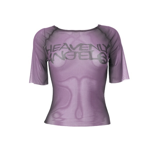 Sheer Mesh Letters Printed Short Sleeve Top