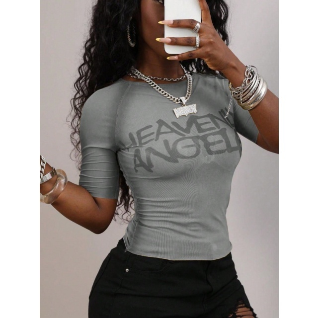 Sheer Mesh Letters Printed Short Sleeve Top