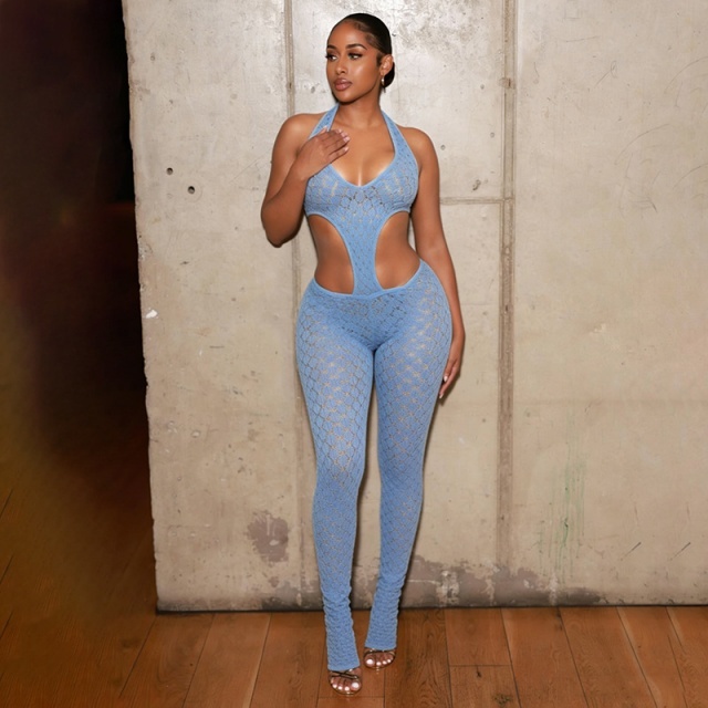 Sheer Slimming Deep V-Neck Knitted Jumpsuit