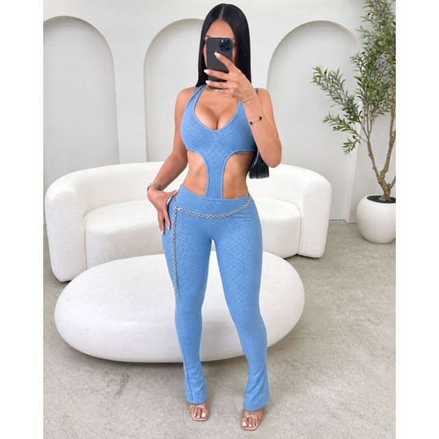 Sheer Slimming Deep V-Neck Knitted Jumpsuit