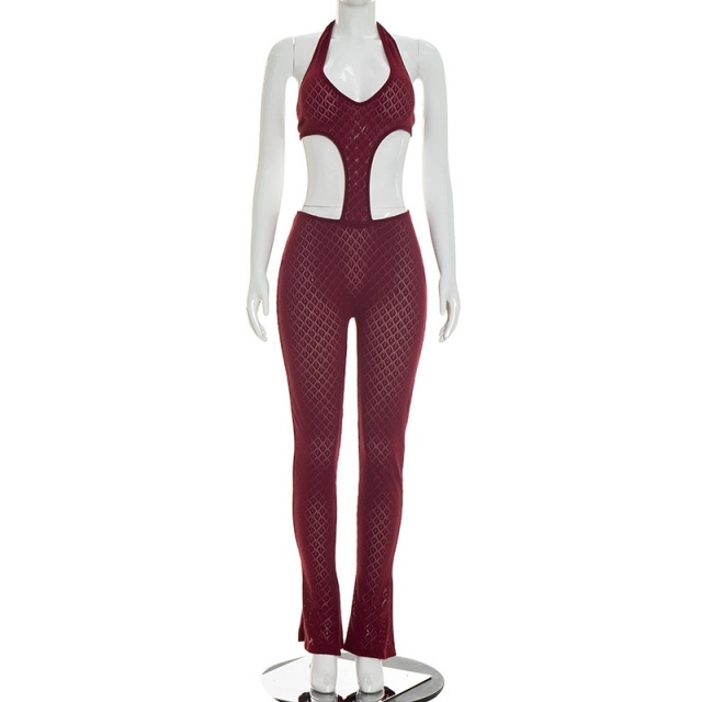 Sheer Slimming Deep V-Neck Knitted Jumpsuit