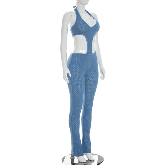 Sheer Slimming Deep V-Neck Knitted Jumpsuit