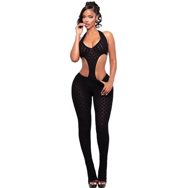Sheer Slimming Deep V-Neck Knitted Jumpsuit
