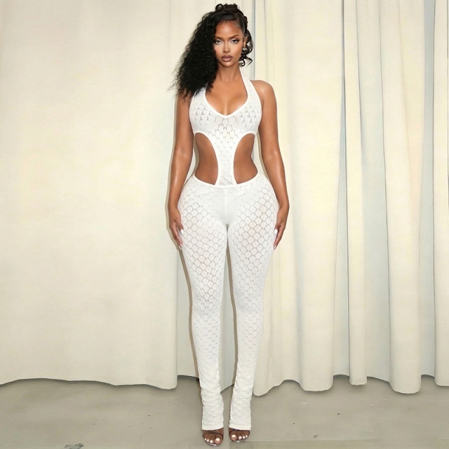 Sheer Slimming Deep V-Neck Knitted Jumpsuit