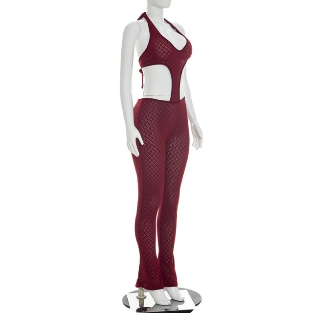 Sheer Slimming Deep V-Neck Knitted Jumpsuit
