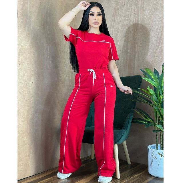 Fashion Embroidery Short Sleeve Casual Pants Suit