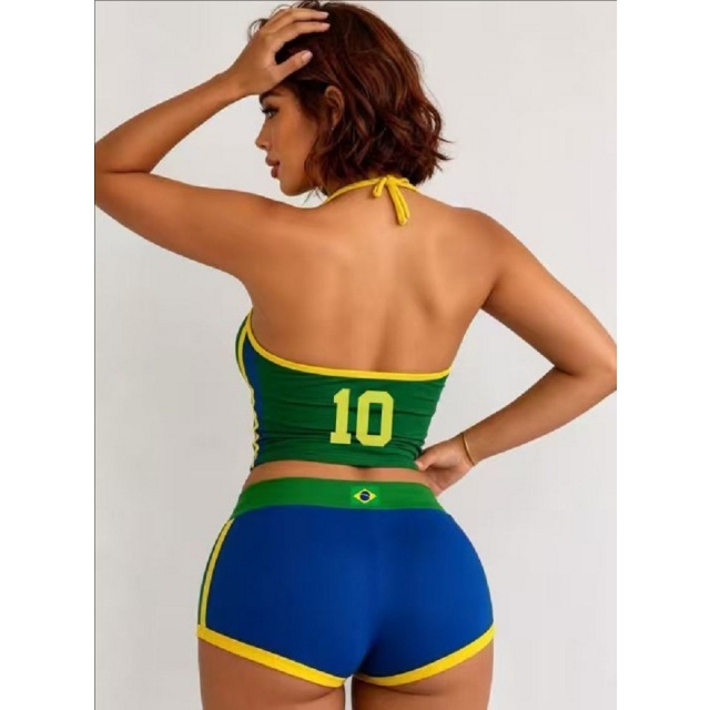 Color Block Halter Neck Top Slim Fit Short Set