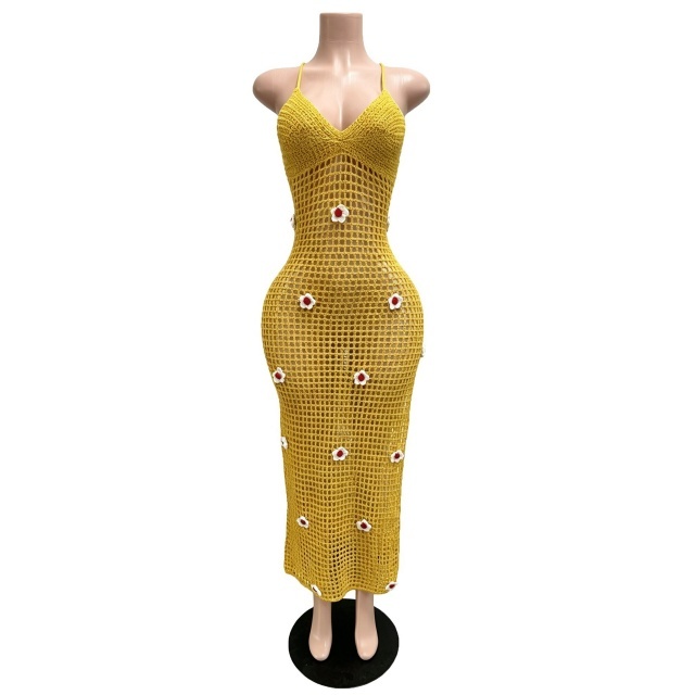 Crochet Knit Backless Split Maxi Dress