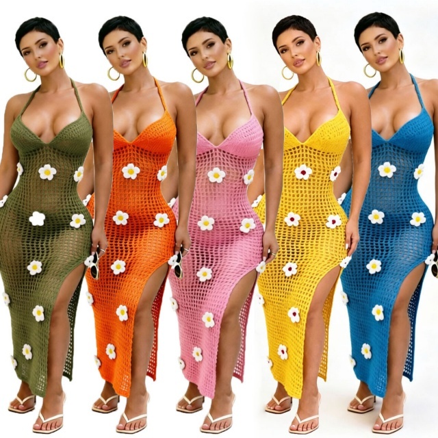Crochet Knit Backless Split Maxi Dress