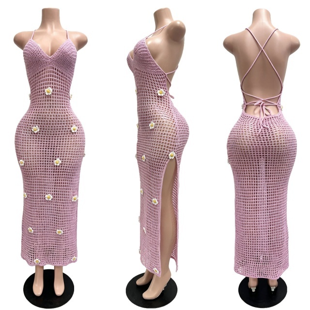 Crochet Knit Backless Split Maxi Dress