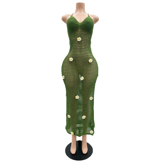 Crochet Knit Backless Split Maxi Dress