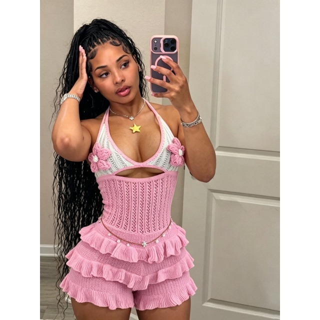 Crocheted Knit Ruffled Halter Neck Romper
