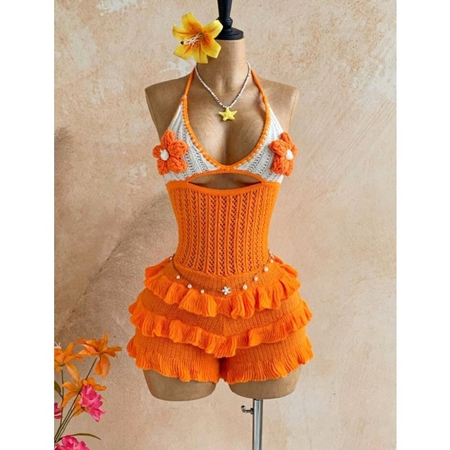 Crocheted Knit Ruffled Halter Neck Romper