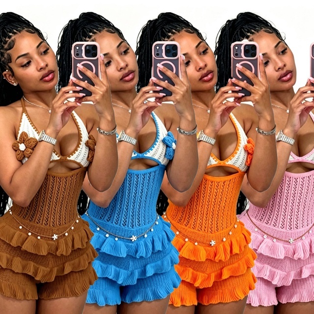 Crocheted Knit Ruffled Halter Neck Romper