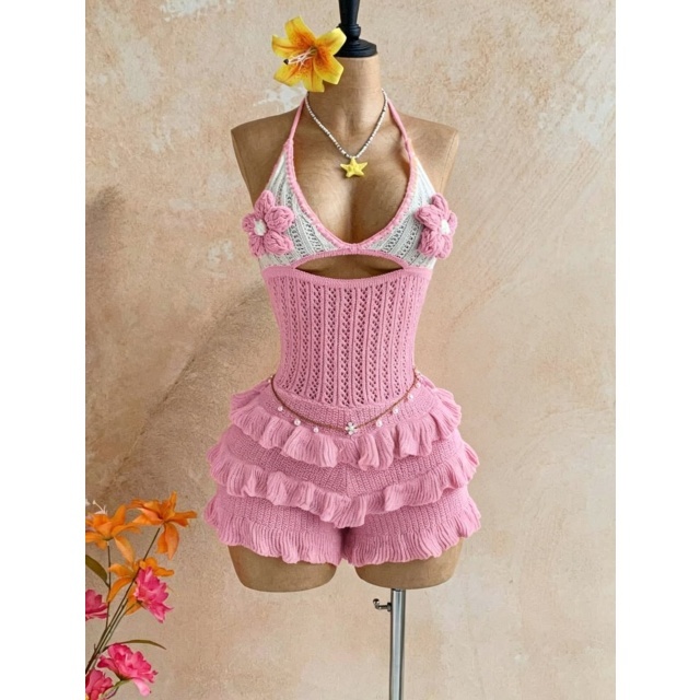 Crocheted Knit Ruffled Halter Neck Romper
