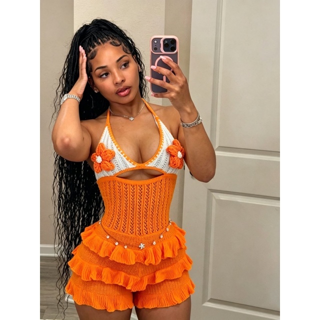 Crocheted Knit Ruffled Halter Neck Romper