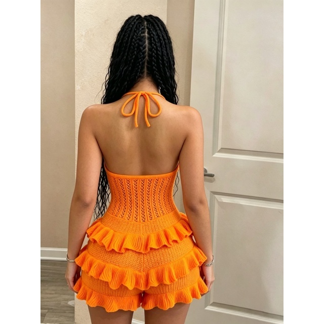 Crocheted Knit Ruffled Halter Neck Romper