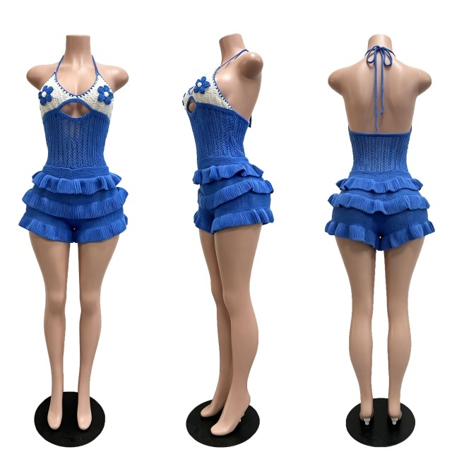 Crocheted Knit Ruffled Halter Neck Romper