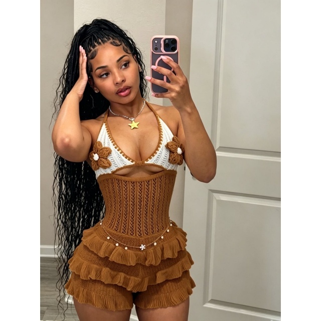 Crocheted Knit Ruffled Halter Neck Romper