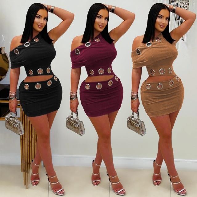 Big Eyelets Off Shoulder Top Slim Fit Skirt Set