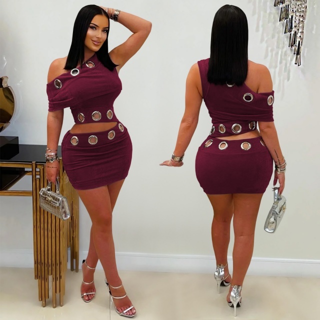 Big Eyelets Off Shoulder Top Slim Fit Skirt Set