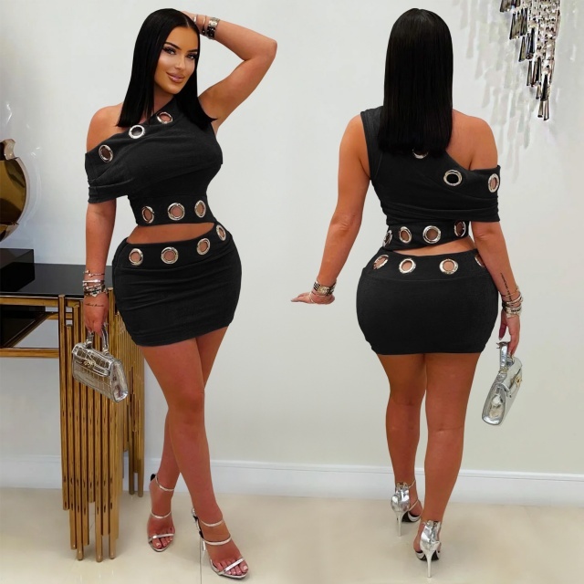 Big Eyelets Off Shoulder Top Slim Fit Skirt Set