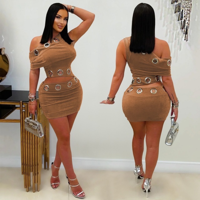 Big Eyelets Off Shoulder Top Slim Fit Skirt Set