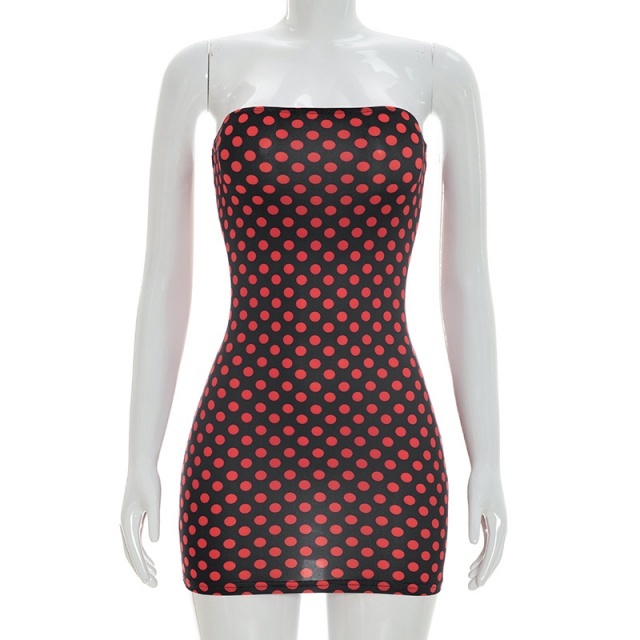 Dots Printed Strapless Tube Bodycon Dress