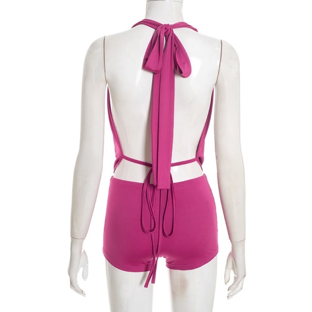 Plunging V Neck Backless Top Mini Short Set