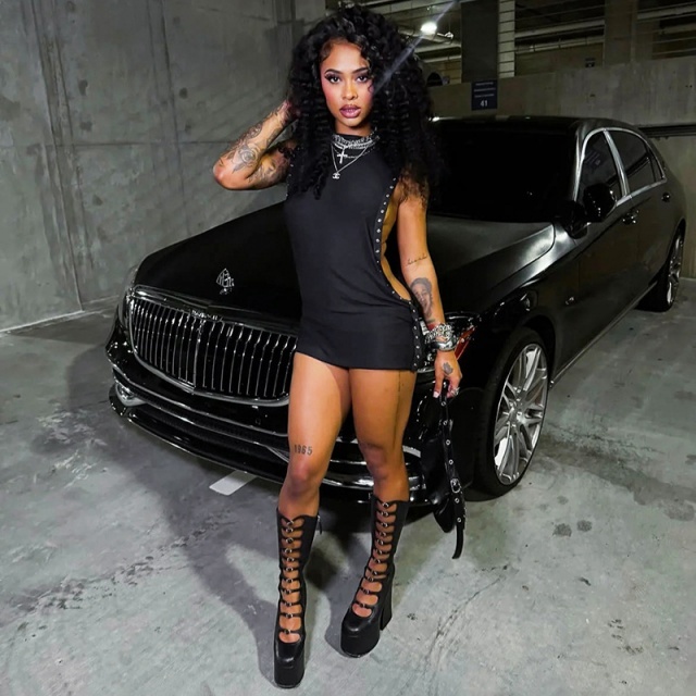 Sleeveless Eyelets Split Out Bodycon Mini Dress