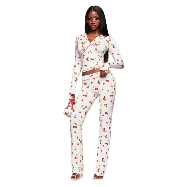 Cherry Print Zip-Up Hoodie Bodycon Pants Set