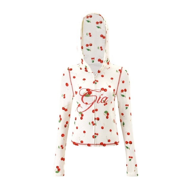 Cherry Print Zip-Up Hoodie Bodycon Pants Set