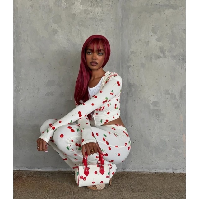 Cherry Print Zip-Up Hoodie Bodycon Pants Set