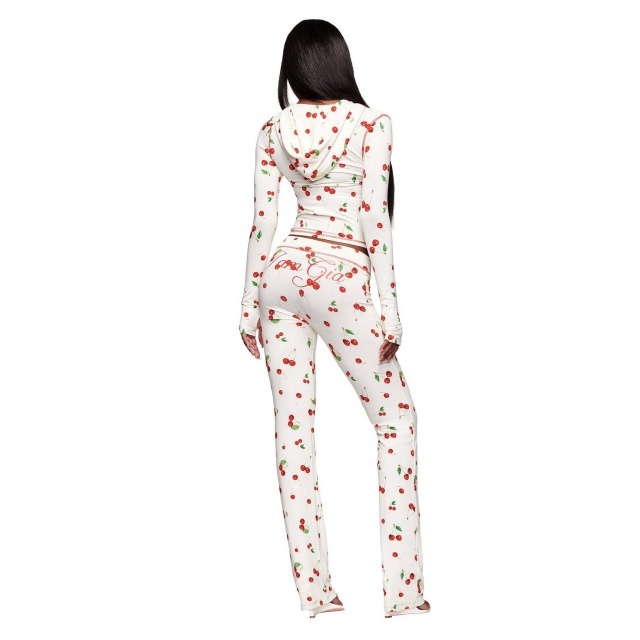 Cherry Print Zip-Up Hoodie Bodycon Pants Set