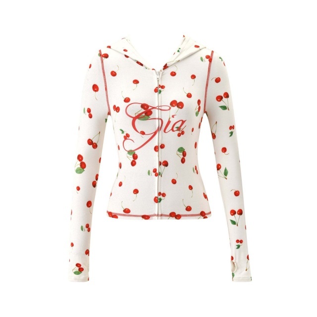 Cherry Print Zip-Up Hoodie Bodycon Pants Set