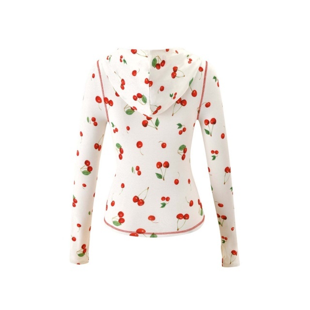 Cherry Print Zip-Up Hoodie Bodycon Pants Set
