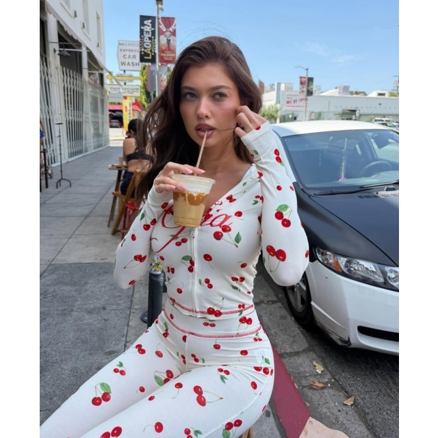 Cherry Print Zip-Up Hoodie Bodycon Pants Set