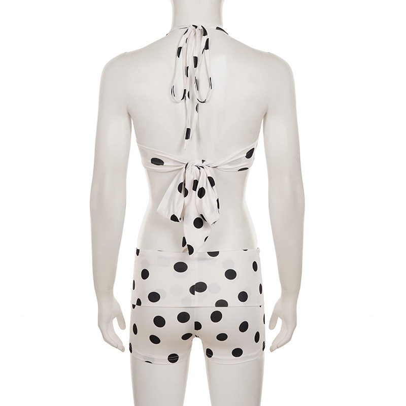 Dots Printed Halter Crop Top Slim Fit Short Set