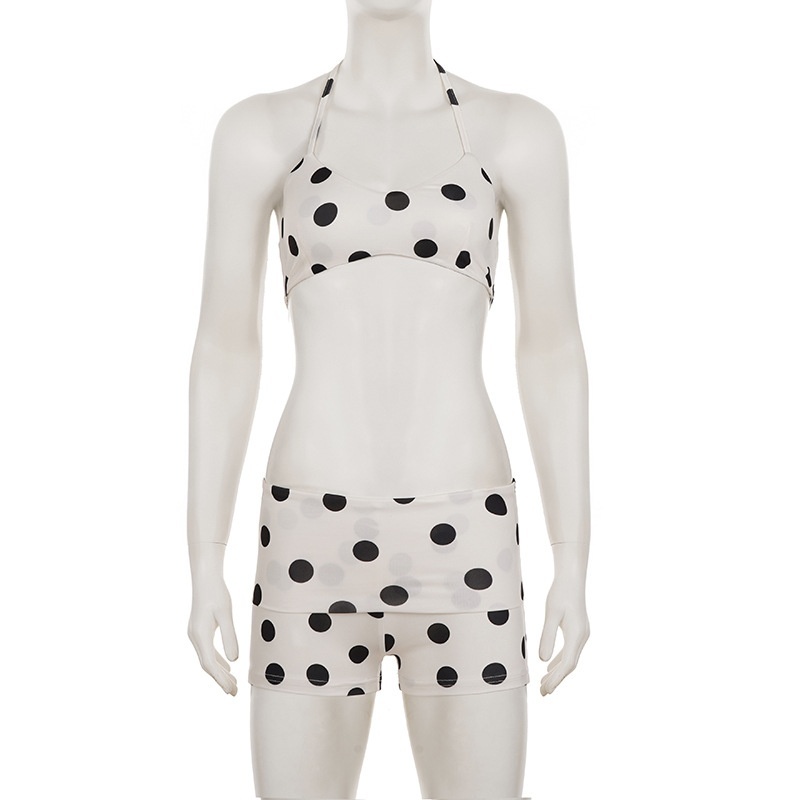 Dots Printed Halter Crop Top Slim Fit Short Set