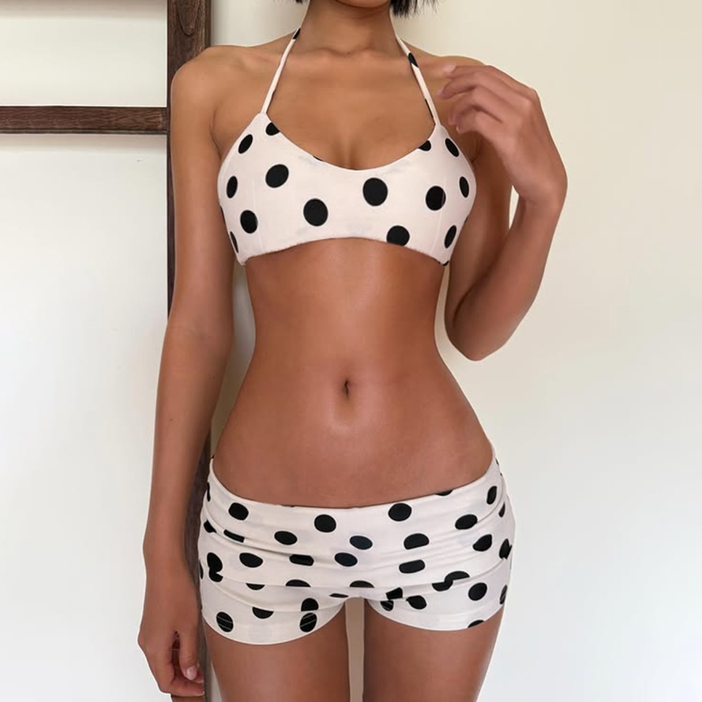 Dots Printed Halter Crop Top Slim Fit Short Set