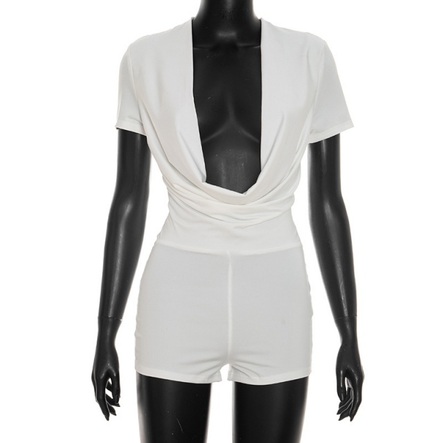 Plunging V Neck Short Sleeve Slim Fit Romper
