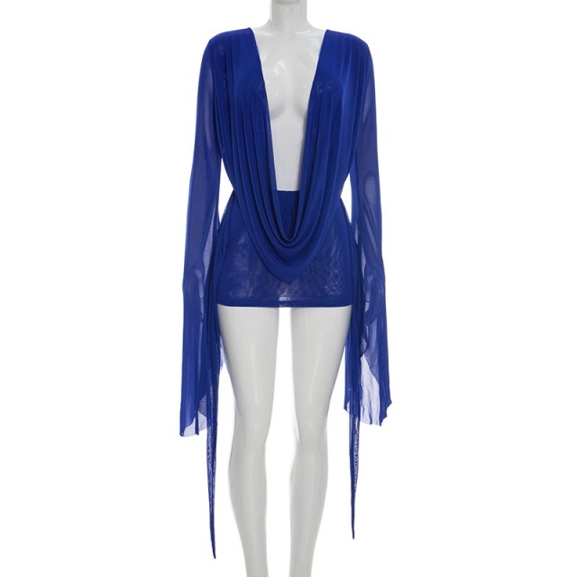 Plunging V Neck Backless Sheer Mesh Mini Dress