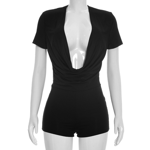 Plunging V Neck Short Sleeve Slim Fit Romper