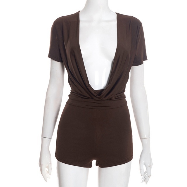 Plunging V Neck Short Sleeve Slim Fit Romper