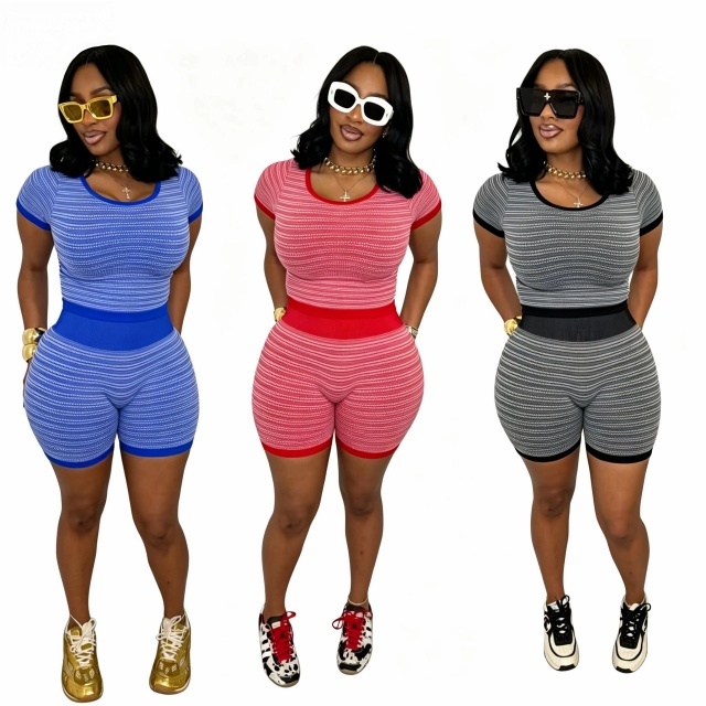 Casual Striped Knitting Slim Fit Short Set
