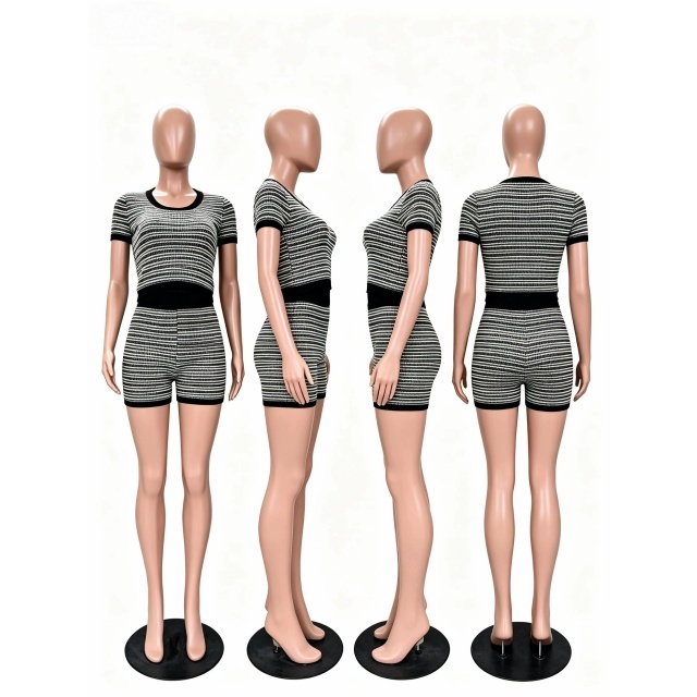 Casual Striped Knitting Slim Fit Short Set