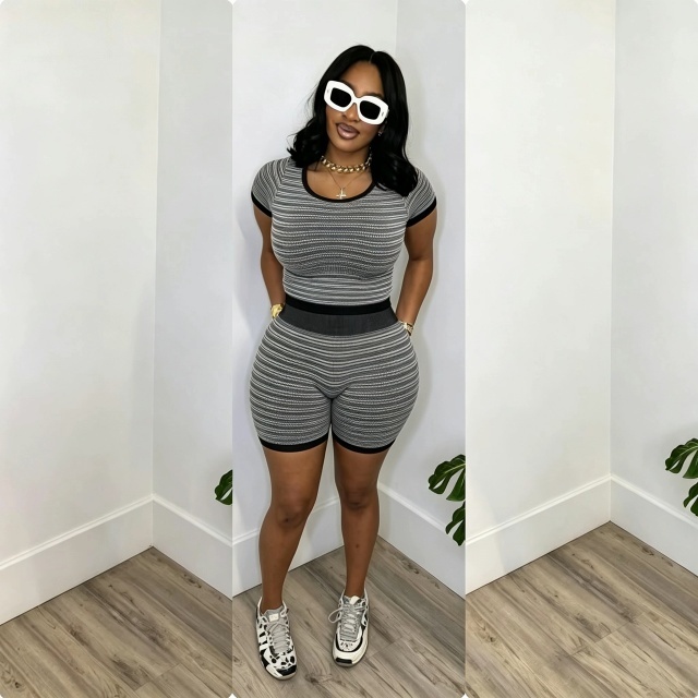 Casual Striped Knitting Slim Fit Short Set