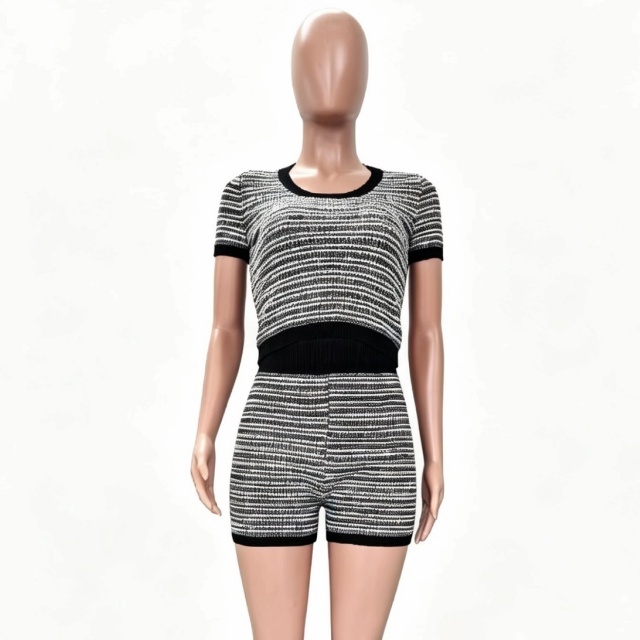 Casual Striped Knitting Slim Fit Short Set